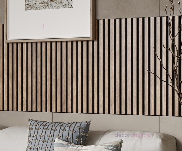 Акустическая панель, черный войлок, 1200х600х19мм, рейки МДФ ясень тирамису